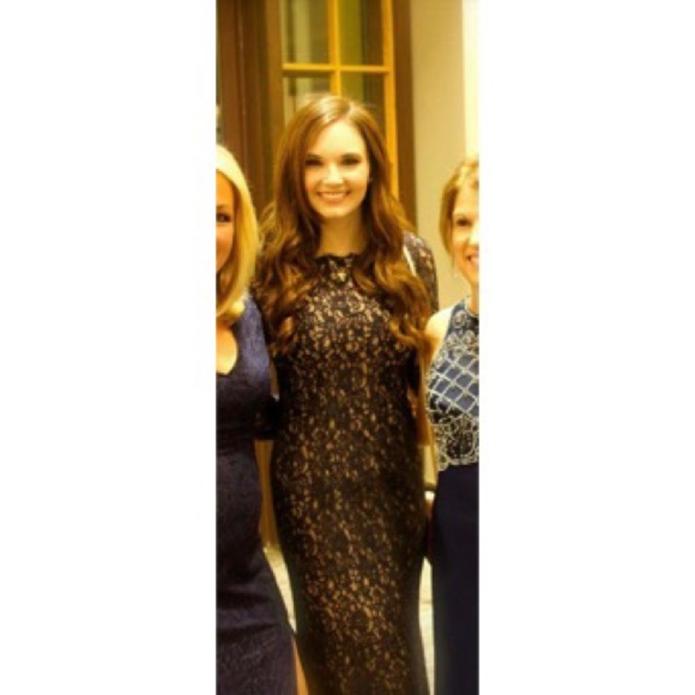 Adrianna Papell Long Sleeve Navy & Nude Lace Gown